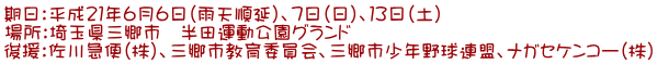 期日:平成21年6月6日(雨天順延)、7日(日)、13日(土) 場所:埼玉県三郷市 半田運動公園グランド 後援:佐川急便(株)、三郷市教育委員会、三郷市少年野球連盟、ナガセケンコー(株)